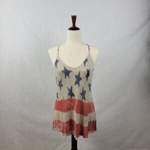 Truehitt Womens Tank Top Size L Tan Stars & Striped USA Flag‎ Knit Cropped NEW